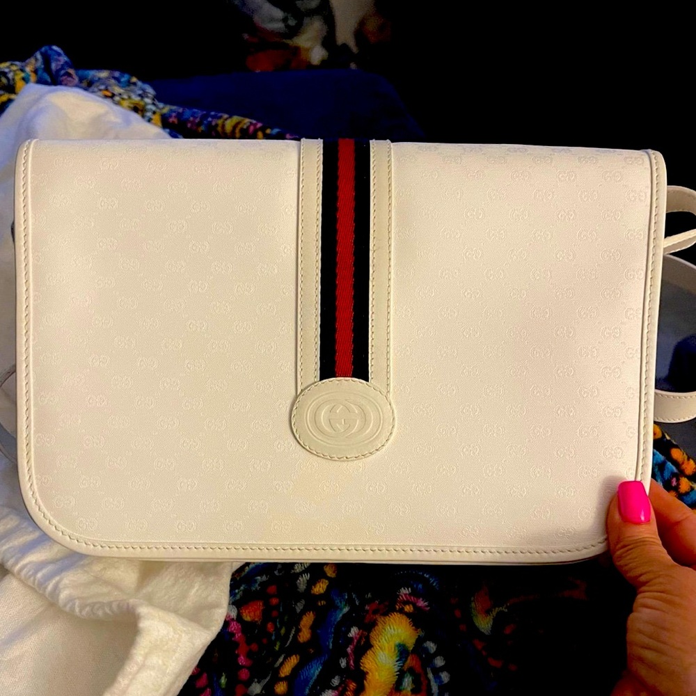 Gucci-Gucci Shoulder Bag White GG Coated Canvas Leather Trim with Webbing